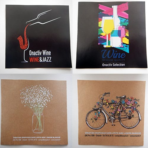 Exemple d'impression avec l'encre blanche sur supports noir et kraft