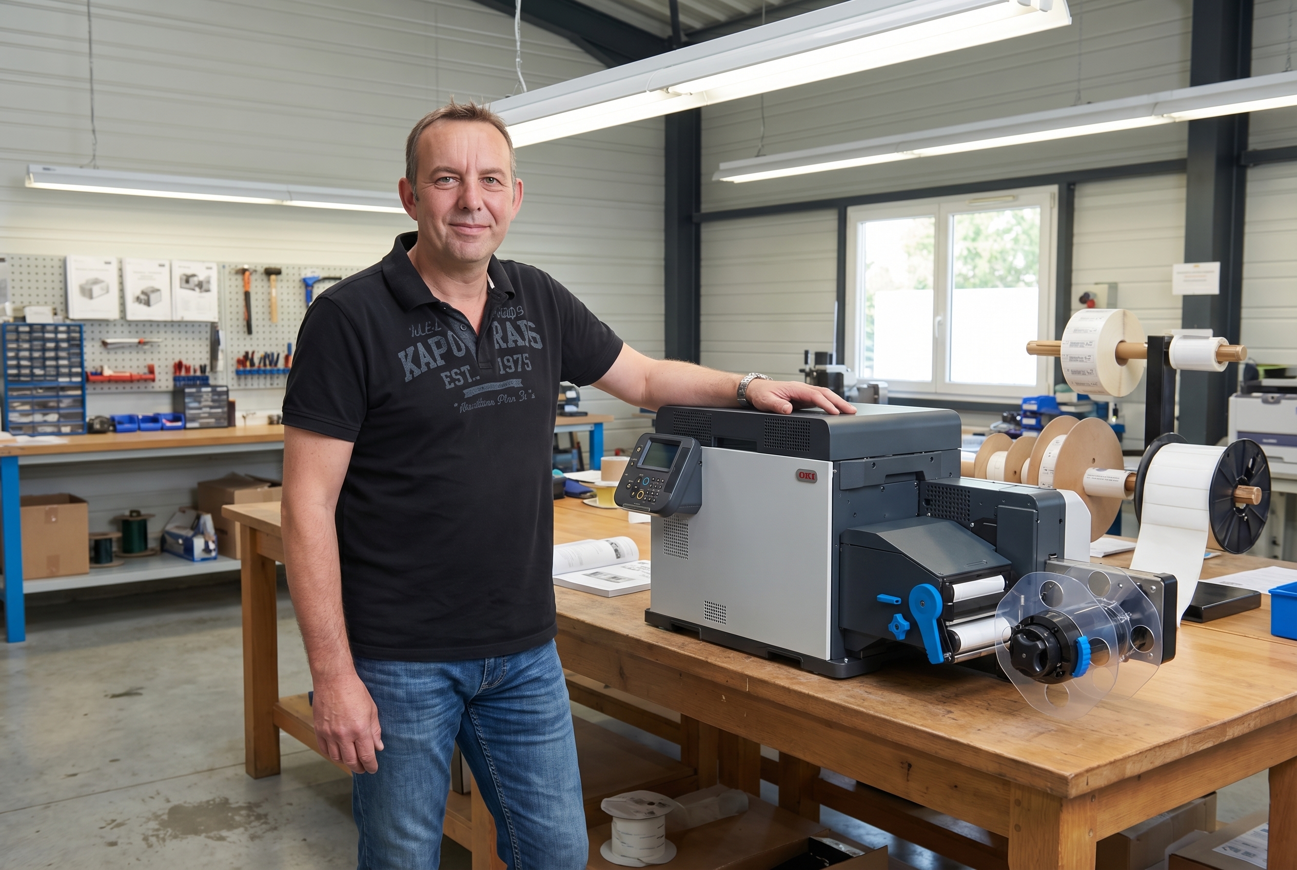 Frédéric Thiland dirigeant de la société Onactiv en train d'installer une imprimante d'étiquettes OKI Pro1050